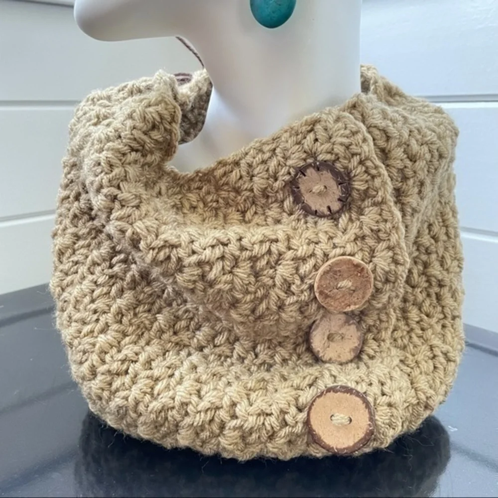 Handmade Salted Caramel Taupe Cowl Statement Scarf Button Accent Knit Crochet